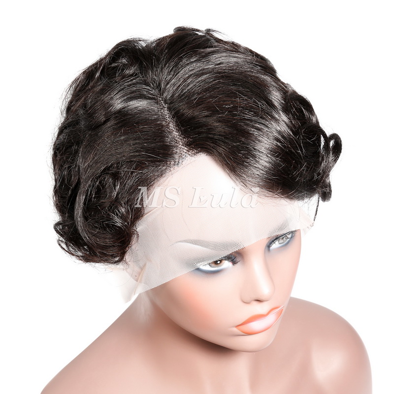 #1B Natural Color Human Hair Curly Wig T Part Pixie Cut Wigs - 图片 8